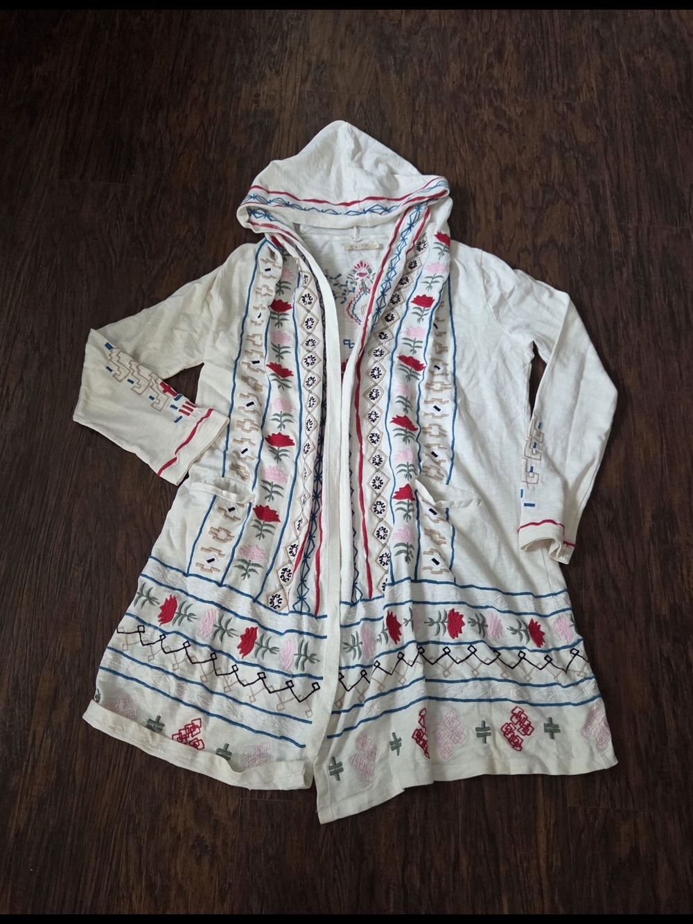 Embroidered Hooded Longline Cardigan - Cream with Red & Blue Accents